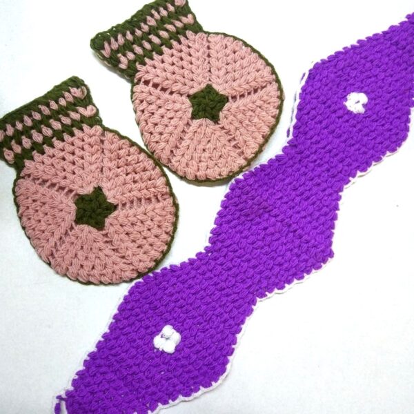 El İşi Örme Yeşil Pembe Mor Beyaz üçlü Lif Takımı