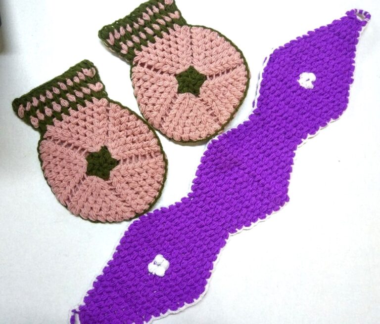 El İşi Örme Yeşil Pembe Mor Beyaz üçlü Lif Takımı