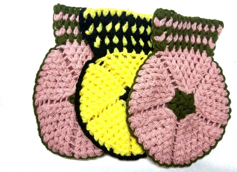 El İşi Örme Yeşil Pembe Sarı Siyah üçlü Lif Takımı