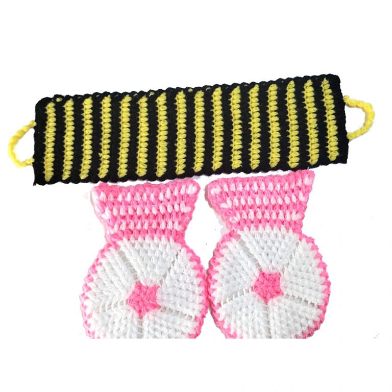 El işi örme Pembe-Beyaz Siyah-Sarı üçlü Takım Banyo Lifi